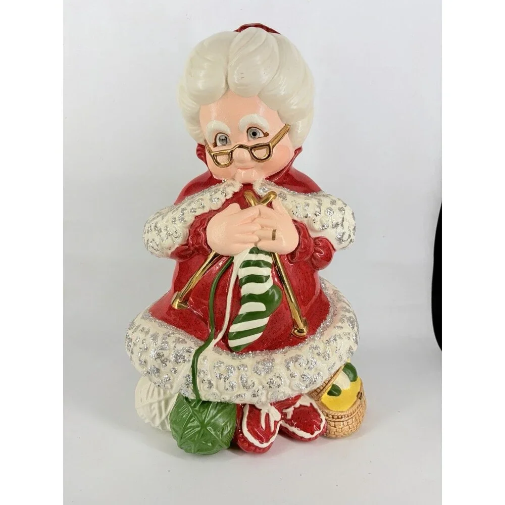 Vtg Atlantic Mold Large Mrs Claus Knit Ceramic Glitter Plastic eyes Christmas